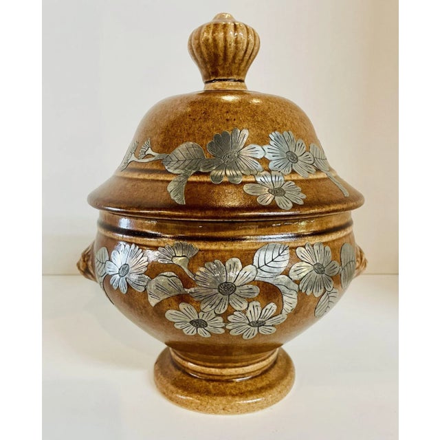 Brown Mid Century Pottery Urn With Metal Accents For Sale - Image 8 of 8