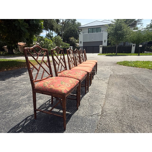 Vintage Chinese Chippendale Faux Bamboo Wooden Dining Chairs Set of 6 For Sale - Image 9 of 9