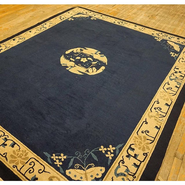 Blue 1920s Rectangle Antique Floral Medallion Wool Hand Knotted Pile Rug, Circa Date: 1920s. This exceptional example of...