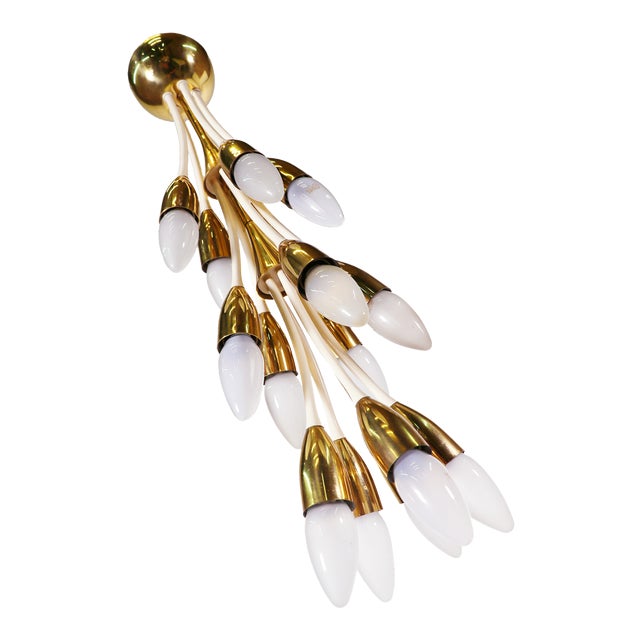 German Brass and Enamel 12-Light Chandelier, 1950s For Sale