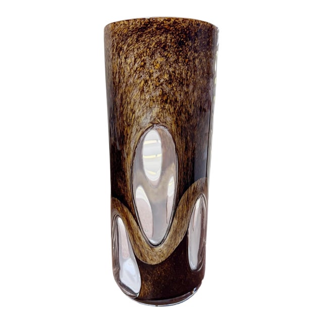 Vintage Encased Sommerso Murano Art Glass Windows Vase in Amber & Brown For Sale