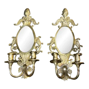 Vintage Art Nouveau Mirrored Candle Sconces Cast in Solid Brass - a Pair