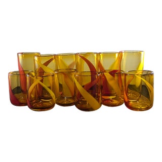 1990s Amber and Red Handblown Tumblers Set- 12 Pieces For Sale