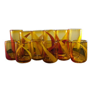 1990s Amber and Red Handblown Tumblers Set- 12 Pieces