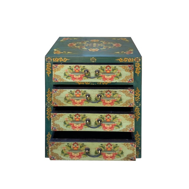 Distressed Teal Green Blue Flowers Graphic 4 Drawers End Table Nightstand For Sale - Image 4 of 7