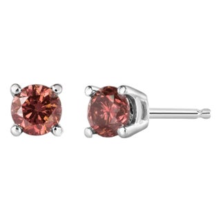 14K White Gold 3/4 Cttw 4-Prong Set Round Brilliant-Cut Pink Diamond Solitaire Stud Earrings (Treated Pink Color, VS2-SI1 Clarity) For Sale