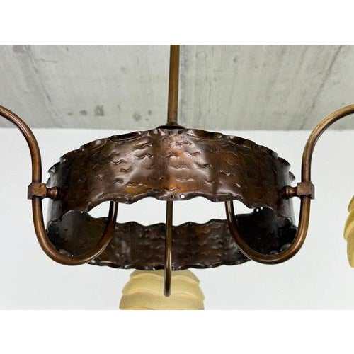 Copper Art Nouveau Brass 3-Arm Chandelier with Scalloped Glass Shades, 1920s For Sale - Image 8 of 9
