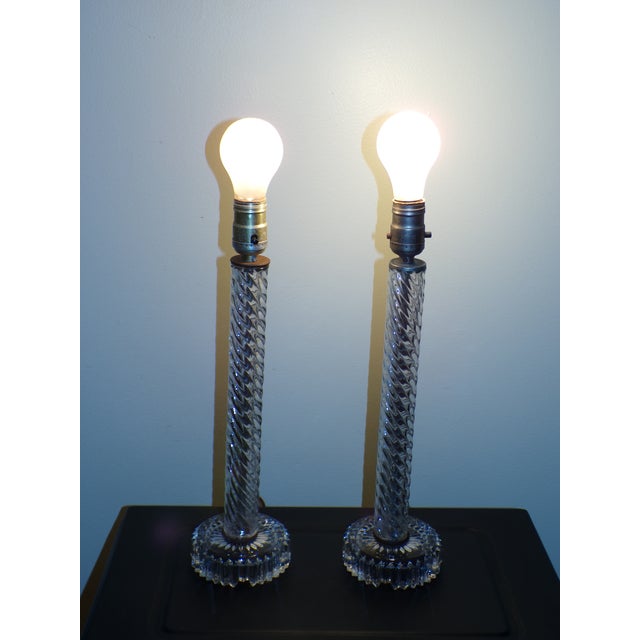 Vintage Pair Art Deco Twisted Glass Column Candlestick Table Lamps For Sale - Image 10 of 11