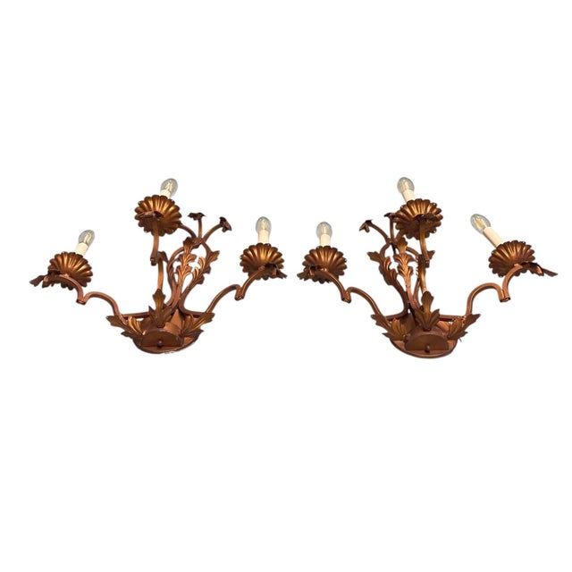 Hollywood Regency Pair of Vintage Hollywood Regency Gilt Metal 3-Light Sconces For Sale - Image 3 of 12