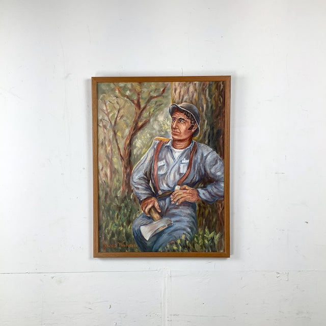 This original oil painting depicts a seated woodsman resting in a quiet forest setting, rendered with expressive brushwork...