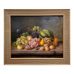 Johann Georg Seitz -Still Life W/Grapes,Peaches,Pears & Melon-Oil Painting C1860s