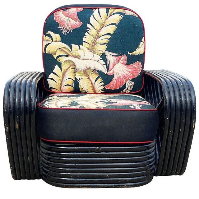 1950s Restored Black Frankl Style 6-Strand Square Pretzel Rattan Sofa Lounge Chair Set For Sale - Image 12 of 18