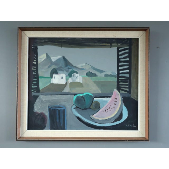 STILL LIFE WITH MOUNTAIN VIEW Size: 21.7 x 25.4 inches (including frame) Oil on board An evocative mid-century still life...