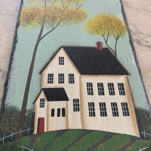 Farmhouse Vintage Hand-Painted Slate Tile Featuring a County Manor House For Sale - Image 3 of 8