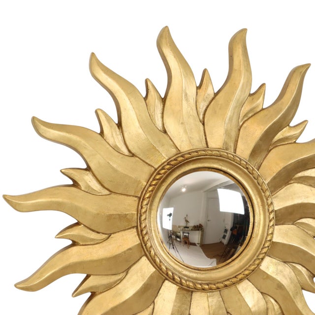 Mid-Century Modern Vintage Convex Gilt Sunburst Witch Mirror, 1960s For Sale - Image 3 of 18