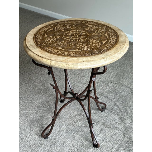 Mediterranean Late 20th Century Mediterranean Style Decorative Inlaid Accent Table With Wrought Iron Base For Sale - Image 3 of 6
