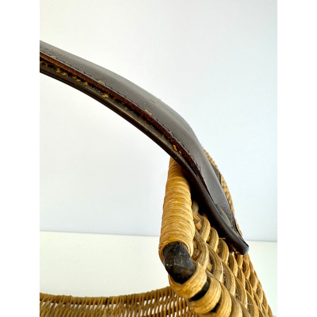 1960s Mid-Century Rattan Firewood Log Basket With Leather Handle For Sale - Image 12 of 14