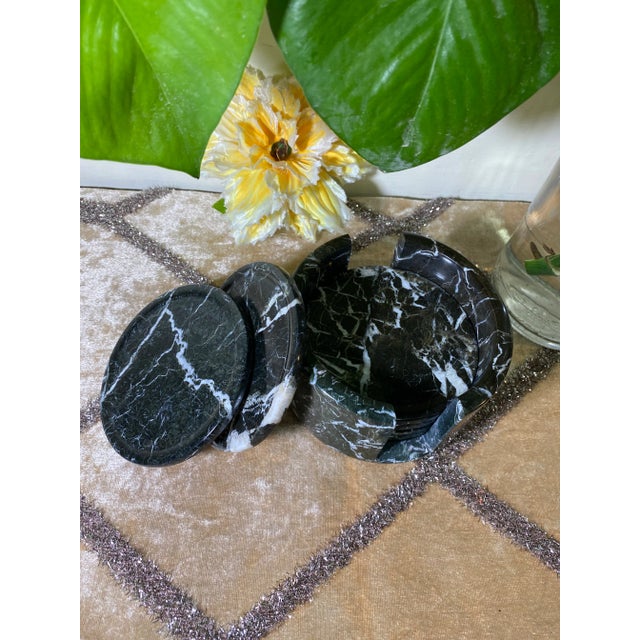 Modern Handcrafted Black Zebra Marble Coaster Set: Natural Stone With Holder - Set of 6 For Sale - Image 3 of 6