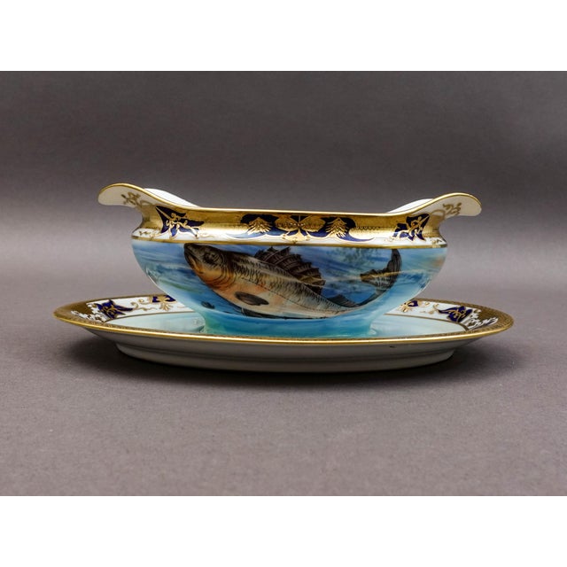 Ceramic Mid 20th Century Noritake Japan Hand Painted Fish Trout Gravy Sauce Boat & Attached Underplate For Sale - Image 7 of 11