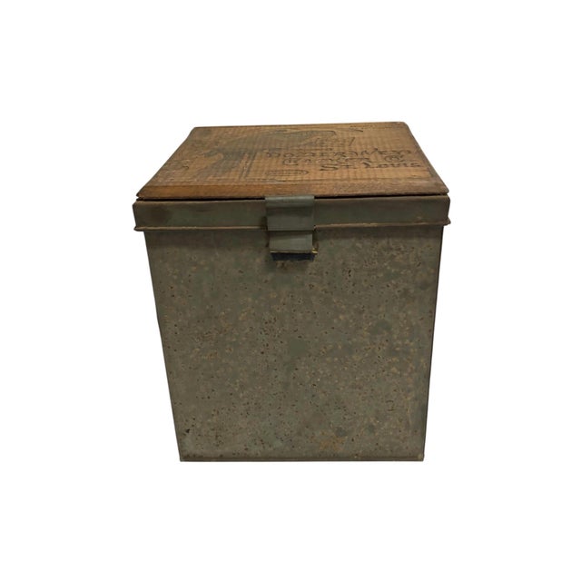 This is a unique large metal box with hinged lid that I purchased from an estate. The lid of the box has a wood panel with...