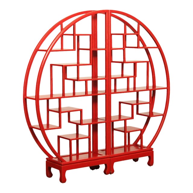 Asian Style Red Painted Round Two Part Room Divider Etagere - A Pair For Sale