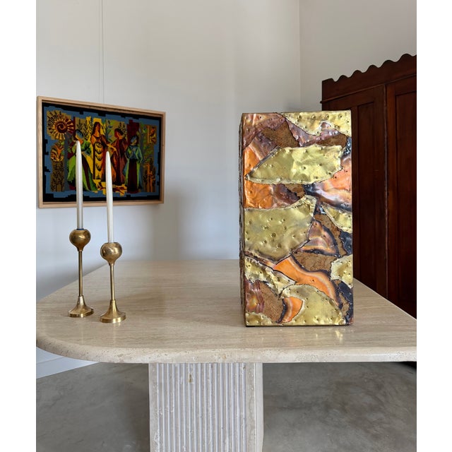 Paul Evans Style Brutalist Planter Patchwork Riveted Copper Brass Cork Bohemian For Sale - Image 9 of 13