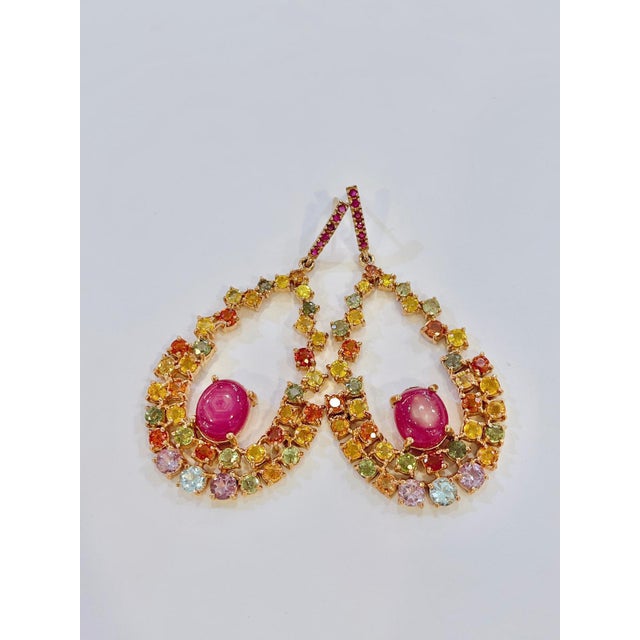 Pink Bochic “Capri” Vintage Ruby & Multi Fancy Sapphire Earrings-18K Gold & Silver For Sale - Image 8 of 17
