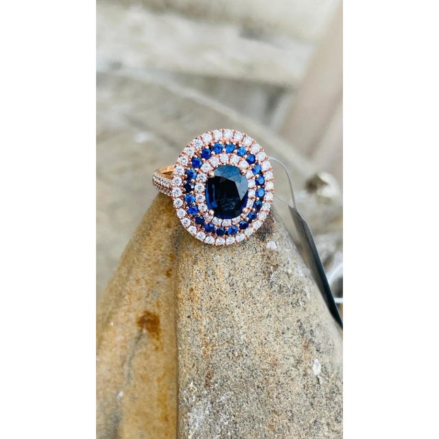 Metal 2.57ct Blue Sapphire and Diamond Cocktail Ring in 14k Rose Gold Size 7 For Sale - Image 7 of 12