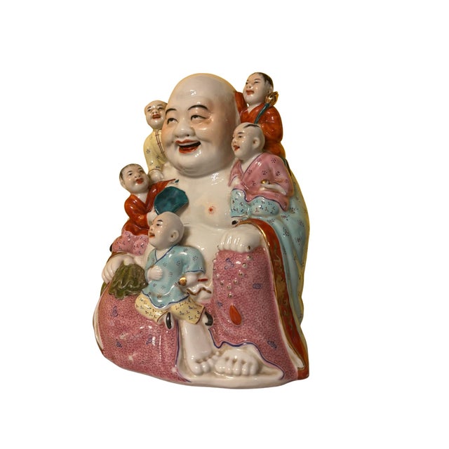 Chinese Famille Rose "Five Children" Laughing Buddha Made by artisans in the Jingdezhen Porcelain Factories in Jiangxi...