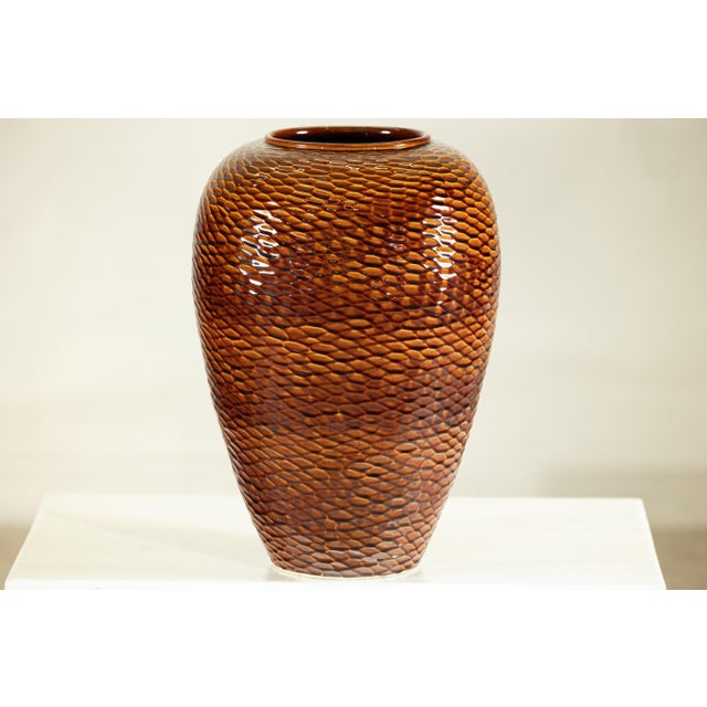Ceramic Artisan Large Honeycomb-Textured Ceramic Vase in Warm Amber Glaze For Sale - Image 7 of 18