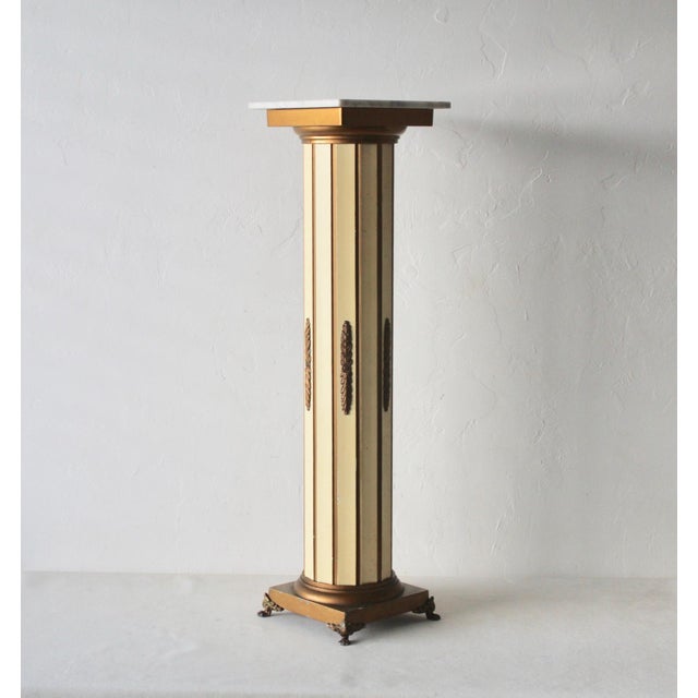 Vintage Italian Neoclassical Style Metal Marble Cream Gold Finish Metal Column Pedestal. Fabulous painted metal column...