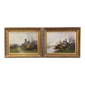 Pair 19th Century Framed Oil Painting Signed E. Kermanguy for E. Galien-Laloue