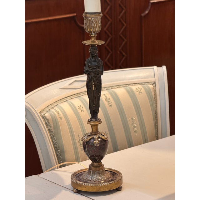Traditional Early 19th Century French Empire Bronze and Marble Candlestick Lamp For Sale - Image 3 of 8