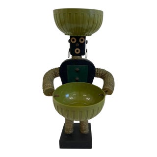 Vintage Mid-Century Modern Folk Art Sculpture With Dual Green Bowls For Sale