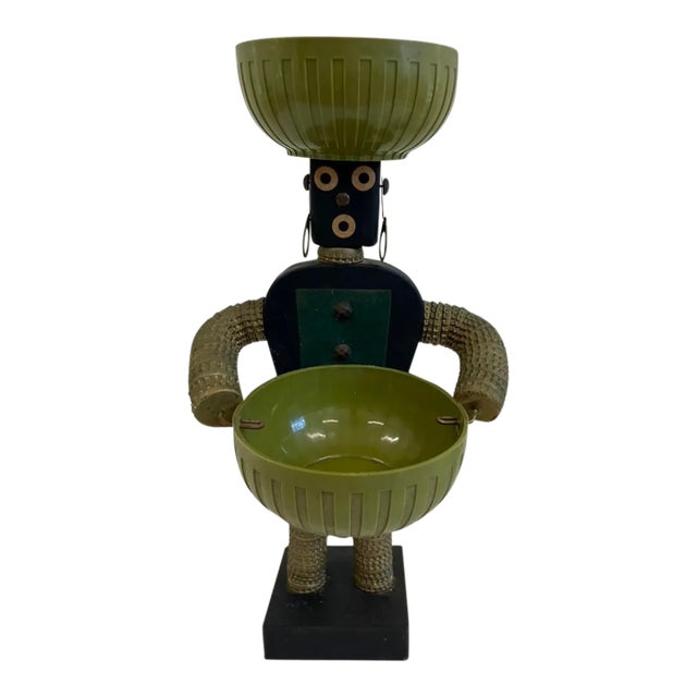 Vintage Mid-Century Modern Folk Art Sculpture With Dual Green Bowls For Sale
