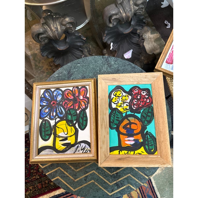 1970s Original Abstract Painting pair of flowers by Peter Keil. These unique pieces are executed on board and depicts a...