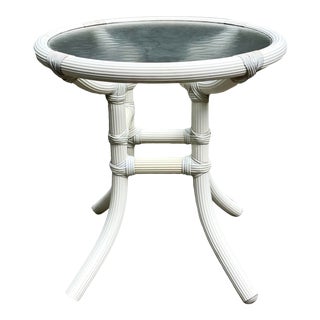 Vintage Chinoiserie Faux Rattan Glass Top Outdoor Side Table For Sale