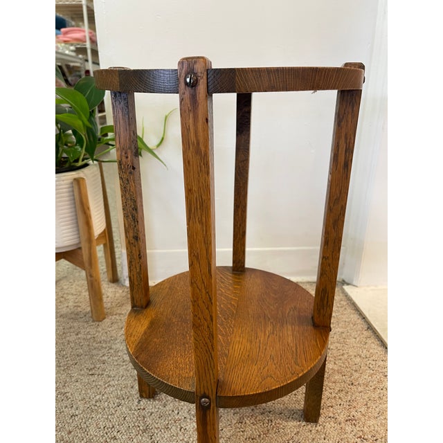 Early 20th Century Likely Antique Mission Style Quarter Sawn Wooden Two-Tier Plant Stand or Side Table With Pegged Joints For Sale - Image 5 of 11
