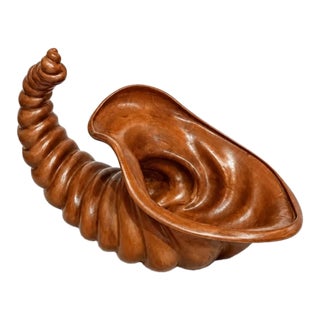 Vintage Atlantic Mold Ceramic Cornucopia Vase | Faux Wood-Grain Brown Glaze | 1970s Horn of Plenty For Sale