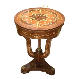 Regal French Empire Round Table With Intricate Marquetry Inlay & Pedestal Base For Sale