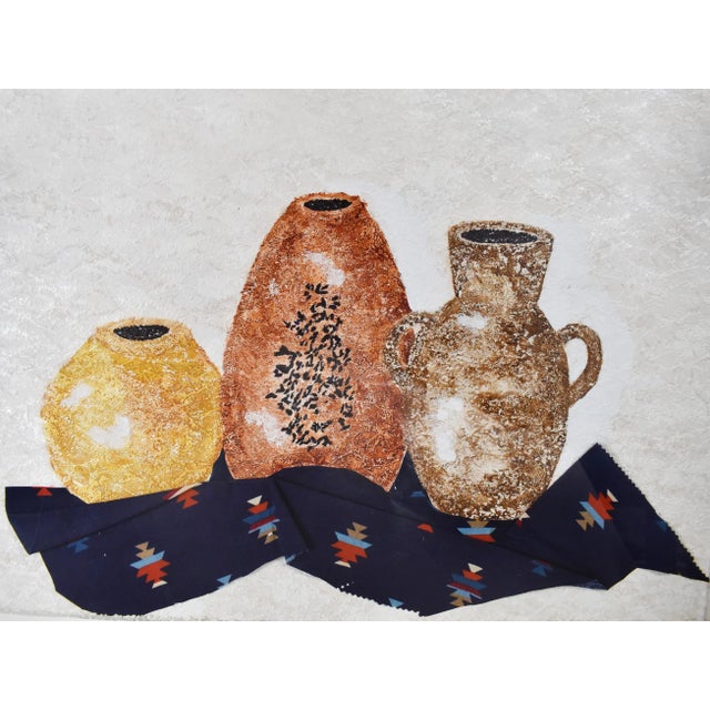 Contemporary Late 20th Century Still Life Pottery Urn Vase Painting and Fabric Collage With Frame For Sale - Image 3 of 13