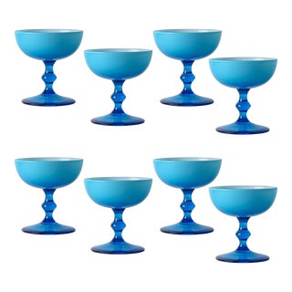 Carlo Moretti Corn Flower Blue & White Cased Glass Coupe Glasses - Set of 8 For Sale