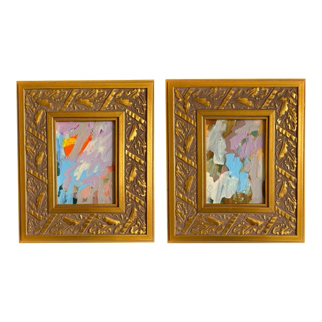 "Partly Cloudy" Set of 2 Framed Mini Paintings by Jessalin Beutler For Sale