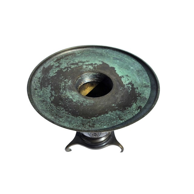Antique Japanese Patinated Bronze Usubata Vase With Lion Handles & Verdigris Top – 2-Piece Ikebana Form For Sale - Image 11 of 16
