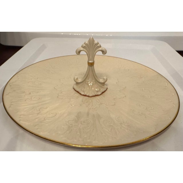 Ceramic Vintage Lenox Ivory China Handled Serving Plate, Gold Trim, Embossed Pattern, Made in Usa For Sale - Image 7 of 7