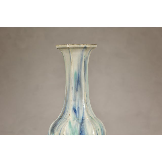 Blue Multi-Color Vase with Blue and Green Drip Accent on Cream Ground For Sale - Image 8 of 12