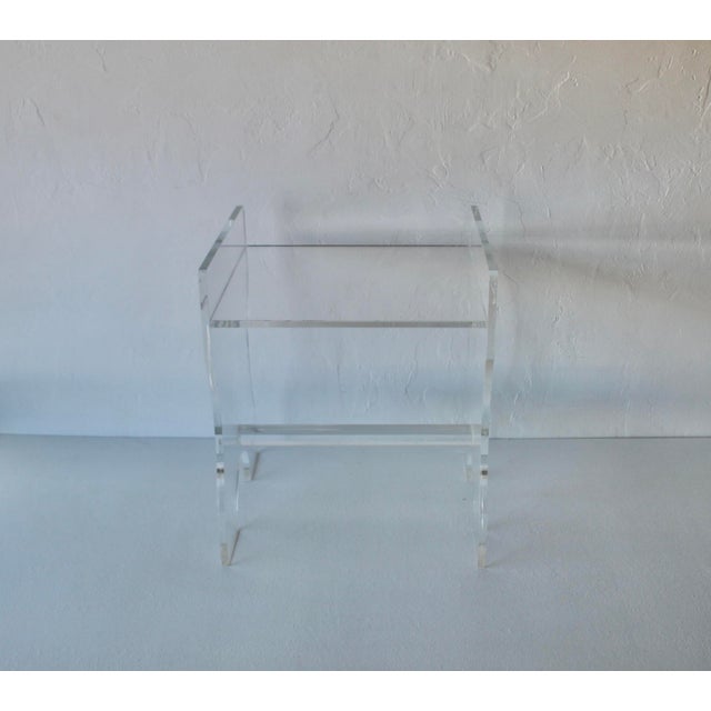 1970s Postmodern Minimalist Lucite Vanity Bench Stool Removable Cushion For Sale - Image 10 of 12