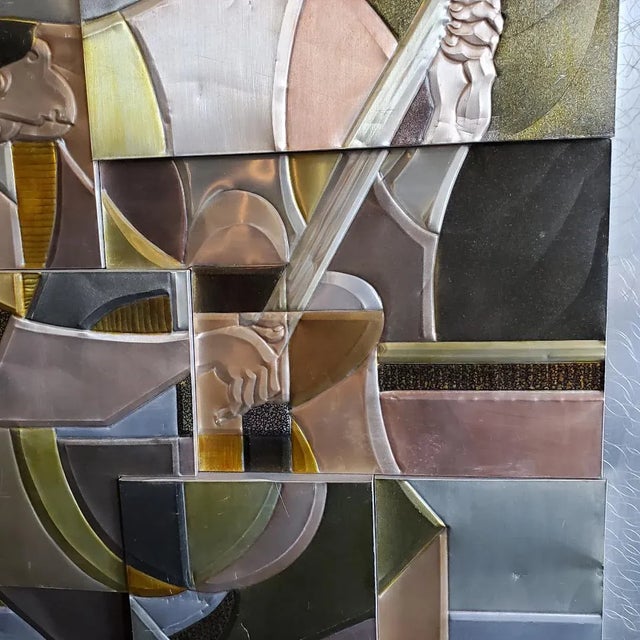 Picasso's Guitarist Is Rendered In A 3D Embossed Tinted Aluminum Metal Sculpted Art Piece, Signed by Artist. Picasso's...
