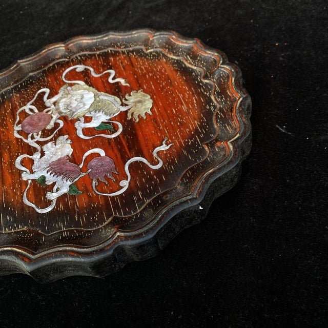 Chinese Vintage Chinese Rosewood & Mother-of-Pearl Inlay Dish – "Lion Dance" Motif For Sale - Image 3 of 10