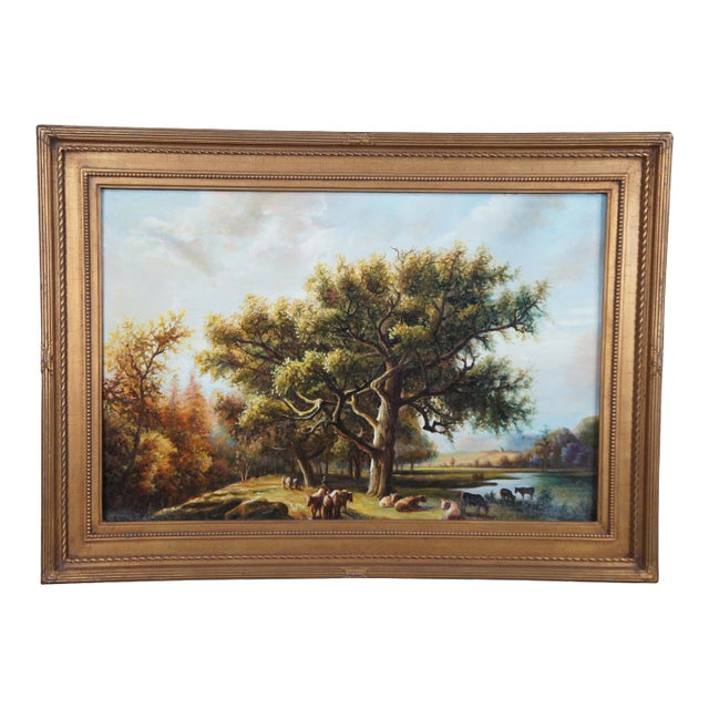 20th Century Realist Pastoral Landscape Oil Painting on Canvas Countryside Cows, Framed For Sale